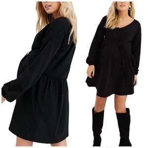 ASOS DESIGN Maternity Long Sleeve V Neckline Smock Black Dress drawstring‎ Tie 8